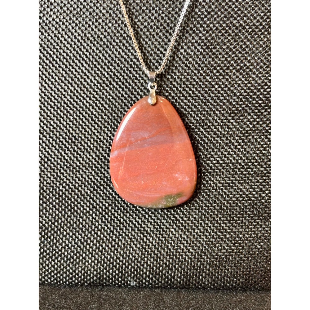 Red Jasper Teardrop Stone Pendant Necklace Stainless Steel Box Chain 22-24 Inch